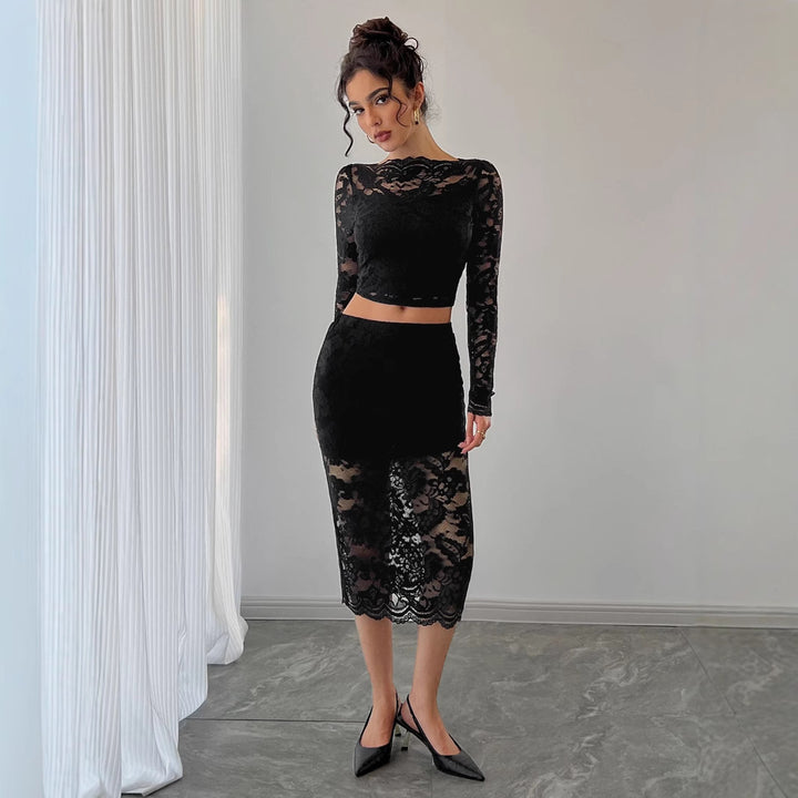 Damen nan zweiteiliges Spitzenensemble mit bauchfreiem Langarmoberteil und tailliertem Midirock Drune