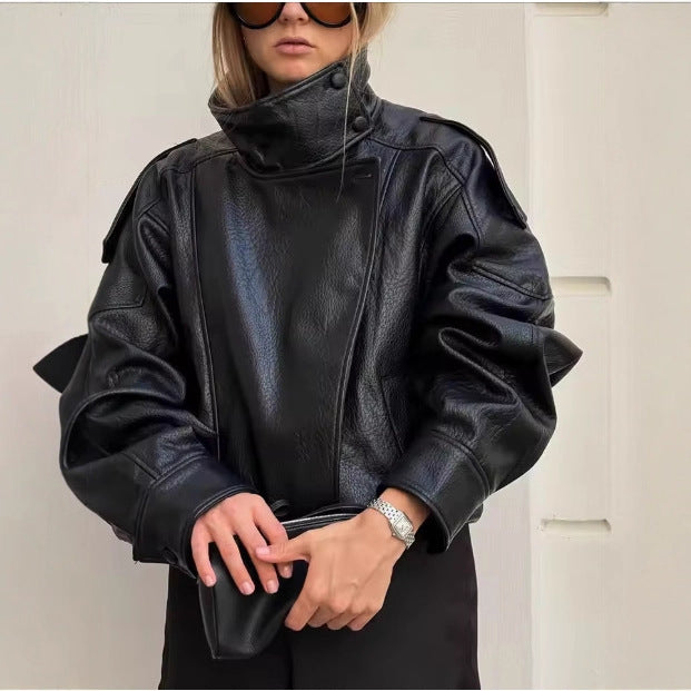 Herren nan lässige Bikerjacke aus Kunstleder mit hohem Stehkragen, Schulterklappen und elastischem Saum Drune
