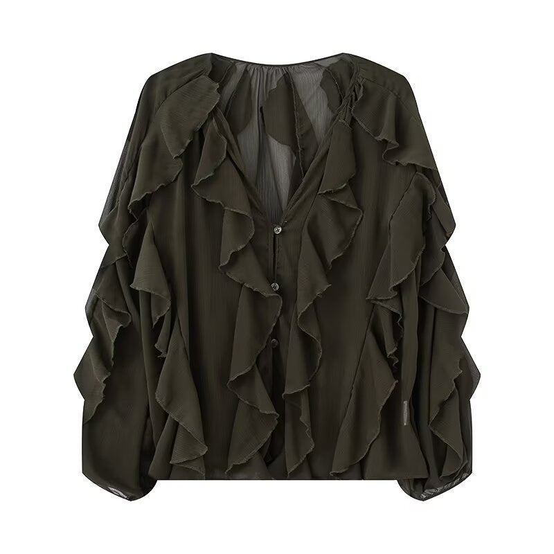 Damen Volant-Chiffonbluse mit Knopfleiste, gerafftem Ausschnitt und Ballonärmeln Drune