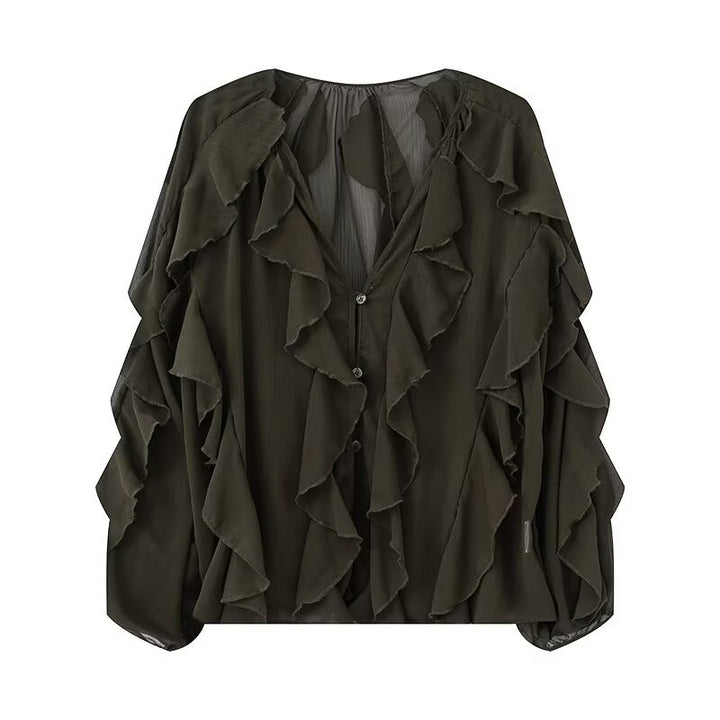 Damen Volant-Chiffonbluse mit Knopfleiste, gerafftem Ausschnitt und Ballonärmeln Drune