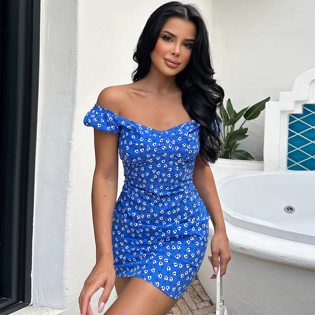 Damen Blütenmuster Mini-Kleid mit Puffärmeln Drune