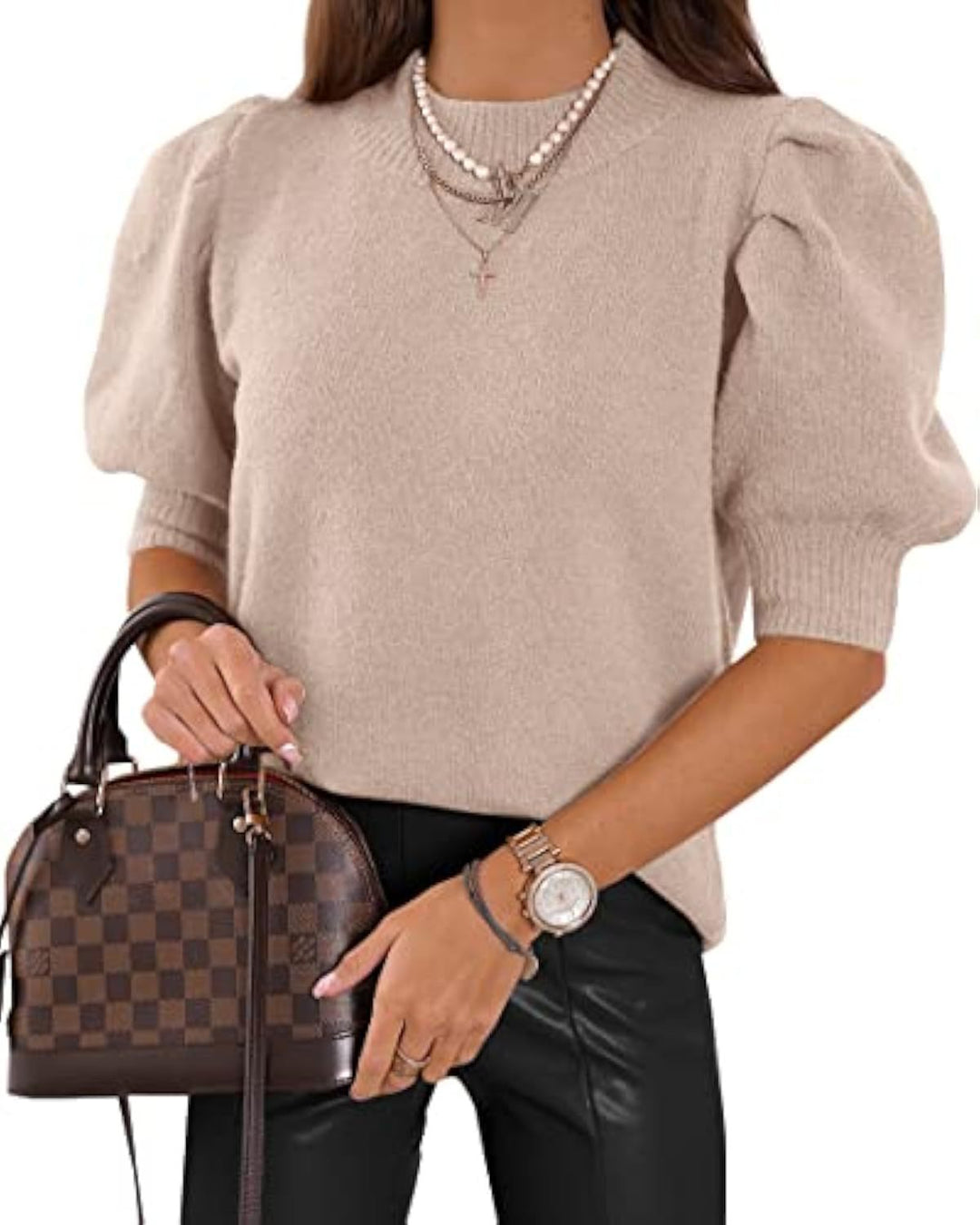 Damen Kurzgeschnitteter Feinstrickpullover mit Puffärmeln und Rippbündchen Drune