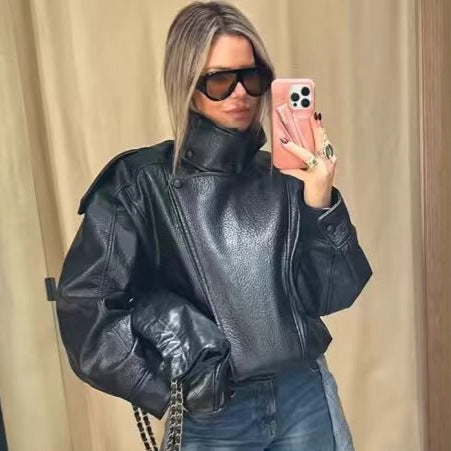 Damen nan oversize Kunstlederblouson mit hohem Stehkragen, asymmetrischer Druckknopfleiste, Schulterklappen und elastischem Saum Drune