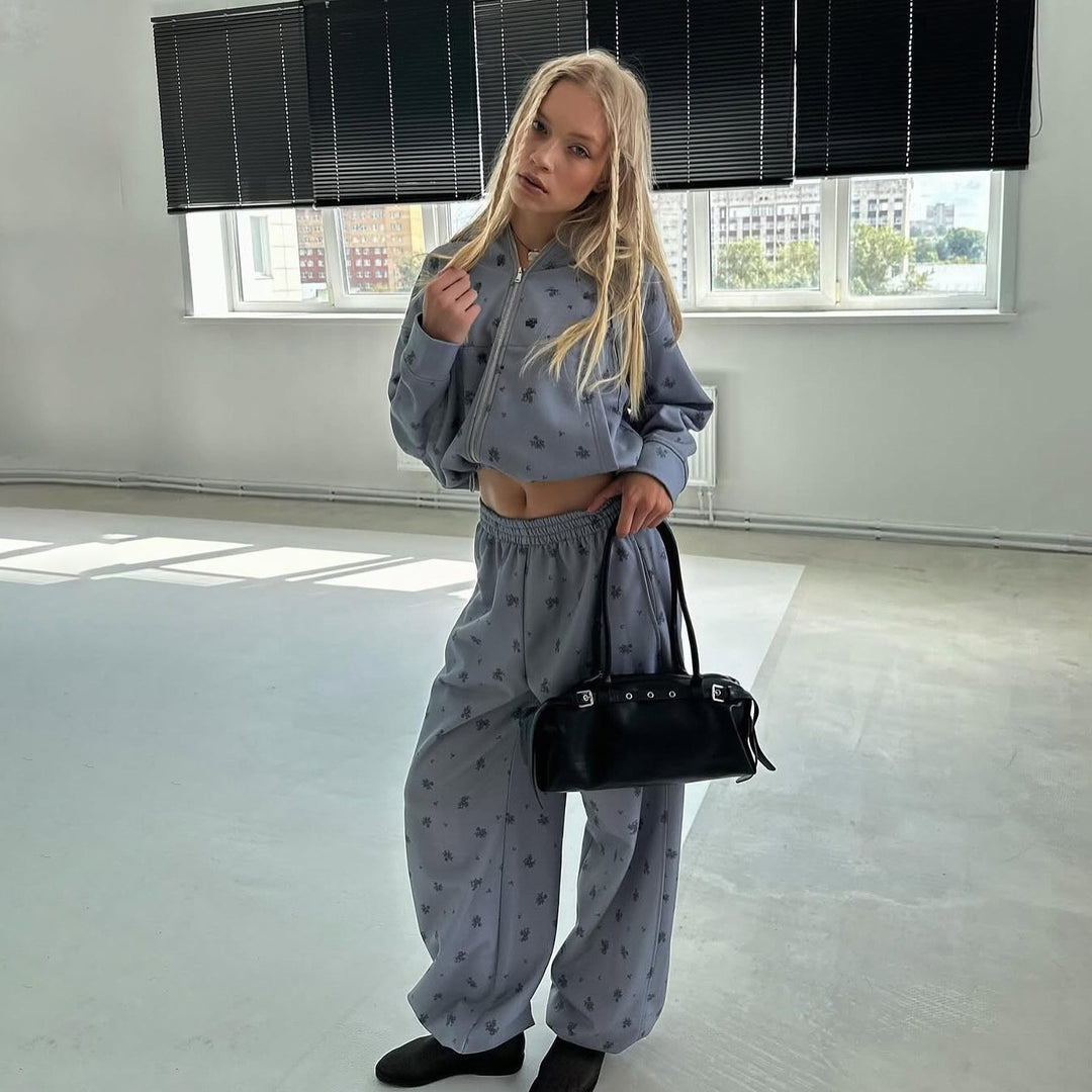 Damen Sportlicher Freizeitanzug mit floralem Muster und hohem Kragen Drune