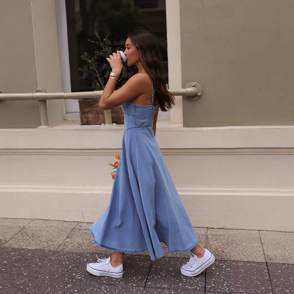 Damen Denim-Maxikleid mit schickem Trägerdesign und fließendem Schnitt Drune