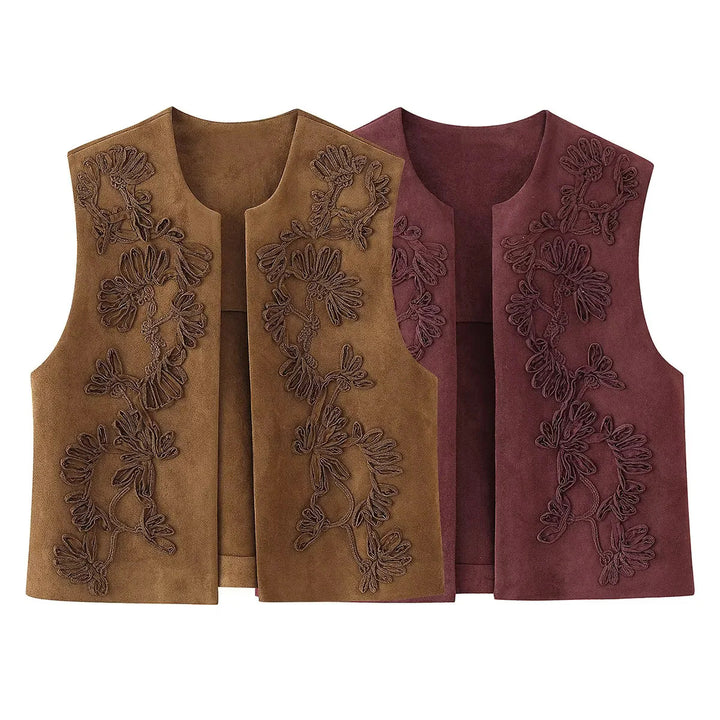 Damen nan bestickte Wildlederweste mit offenem Schnitt, floraler Applikation und taillierter Silhouette Drune