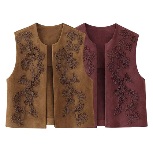 Damen nan bestickte Wildlederweste mit offenem Schnitt, floraler Applikation und taillierter Silhouette Drune