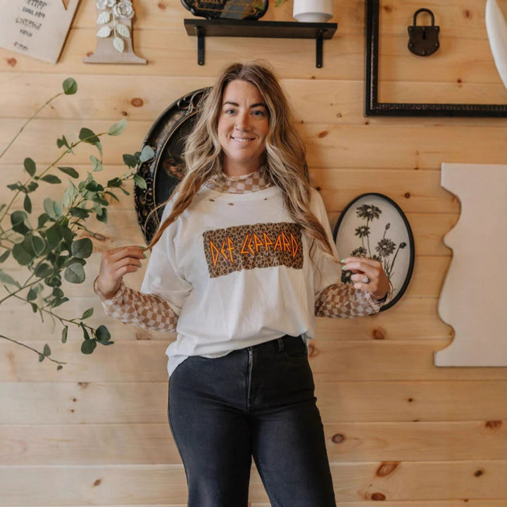 Damen nan lässiges Layer-T-Shirt mit Retro-Bandprint, Used-Optik und kariertem Mesh-Langarmtop Drune