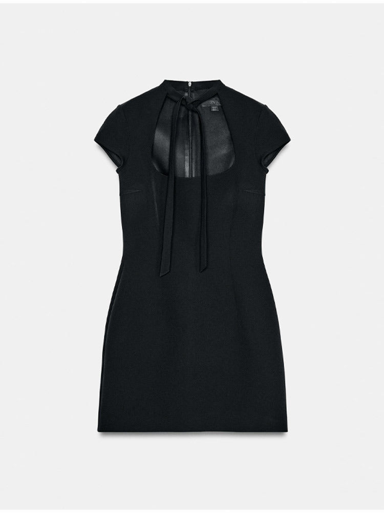 Damen elegantes Minikleid mit Hemdkragen und transparentem Einschnitt Drune