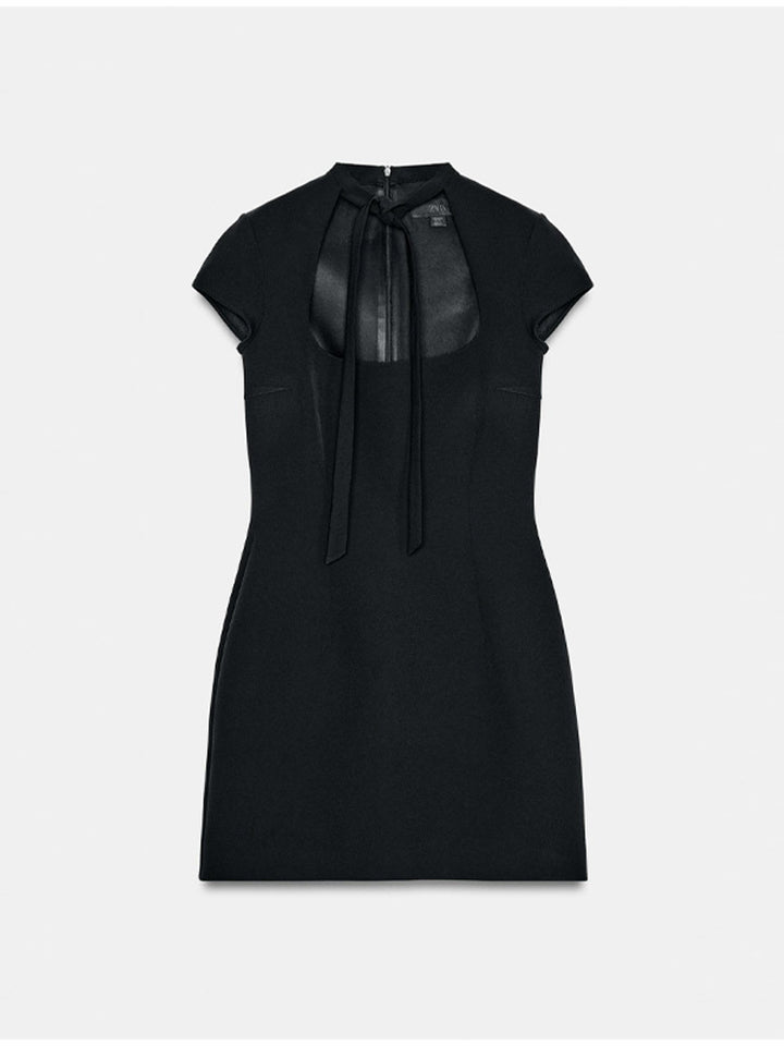 Damen elegantes Minikleid mit Hemdkragen und transparentem Einschnitt Drune