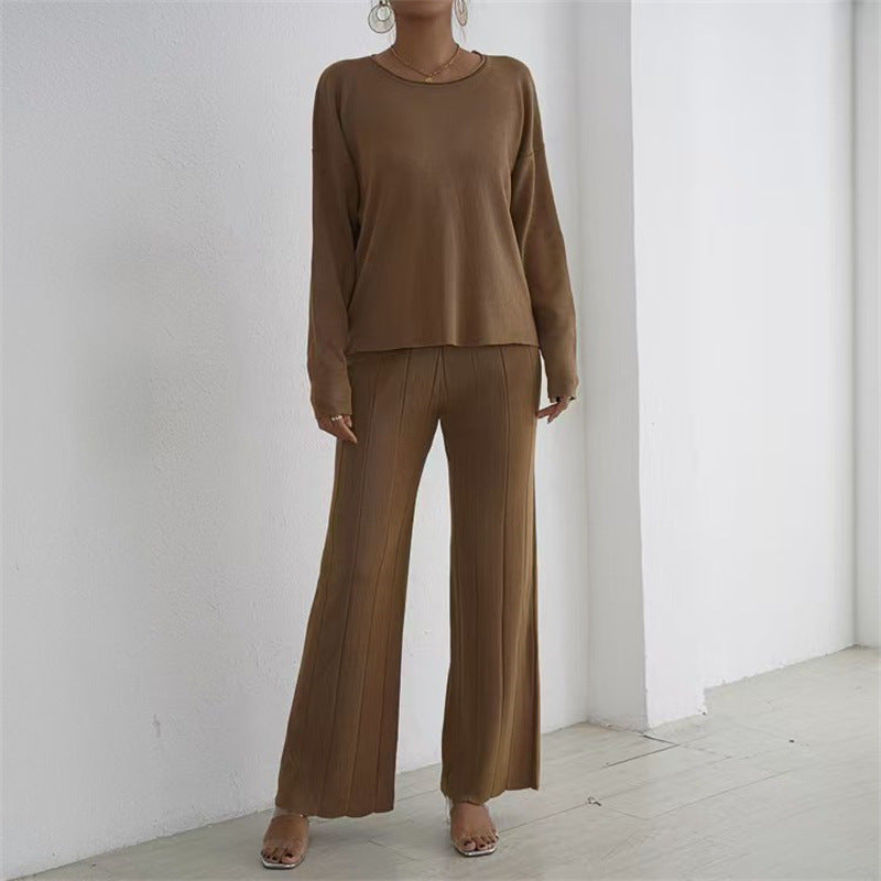 Damen lässiges und elegantes Strick-Loungewear-Set mit weitem Bein und feinen Rippenstrukturen Drune