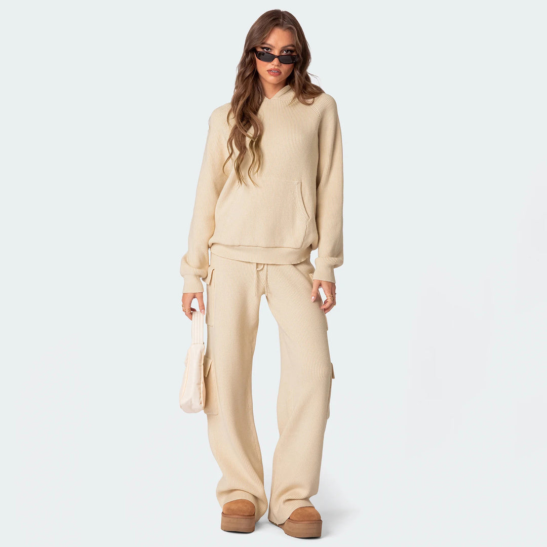 Damen nan gerippter Kapuzenpullover aus Feinstrick mit Kängurutasche und relaxed Fit Drune