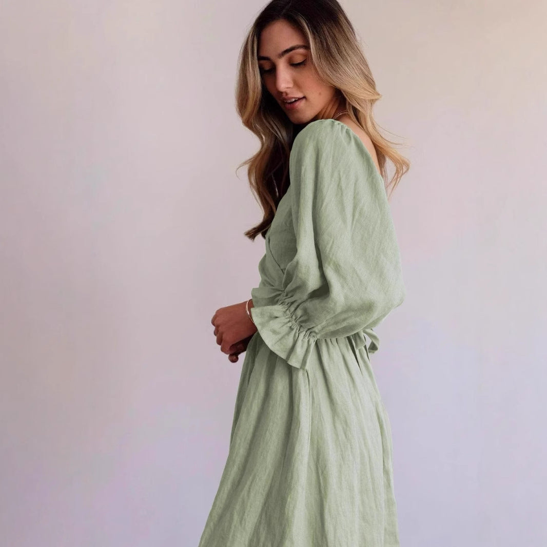 Damen elegantes, tailliertes Maxikleid mit Puffärmeln und Bindegürtel Drune