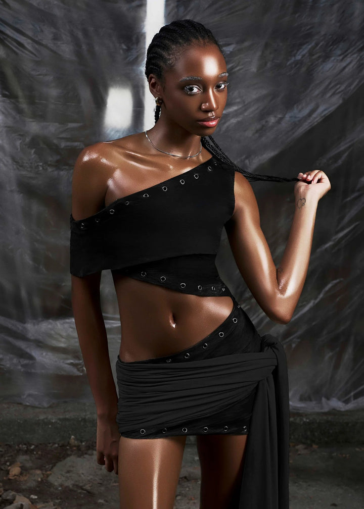 Damen Asymmetrisches Crop-Top mit ausgefallenem Schnitt und dekorativen Ösen Drune