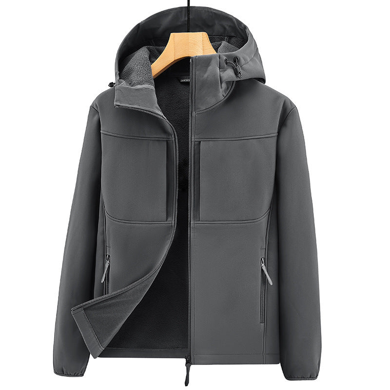 Herren Thermo-Softshelljacke mit Sherpa‑Futter, Kapuze und verdeckten Reißverschlusstaschen Drune