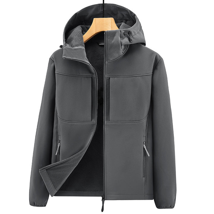 Herren Thermo-Softshelljacke mit Sherpa‑Futter, Kapuze und verdeckten Reißverschlusstaschen Drune