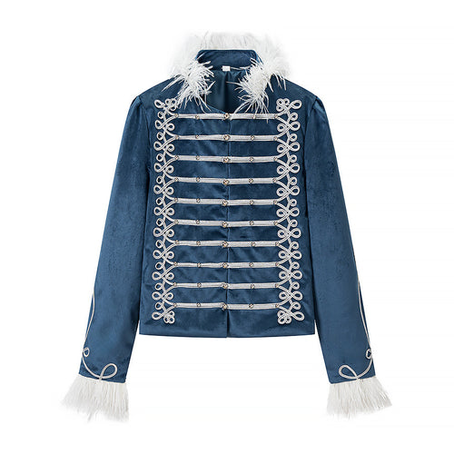 Damen Ornamentale Militärjacke mit Zierkordeln und Federbesatz Drune
