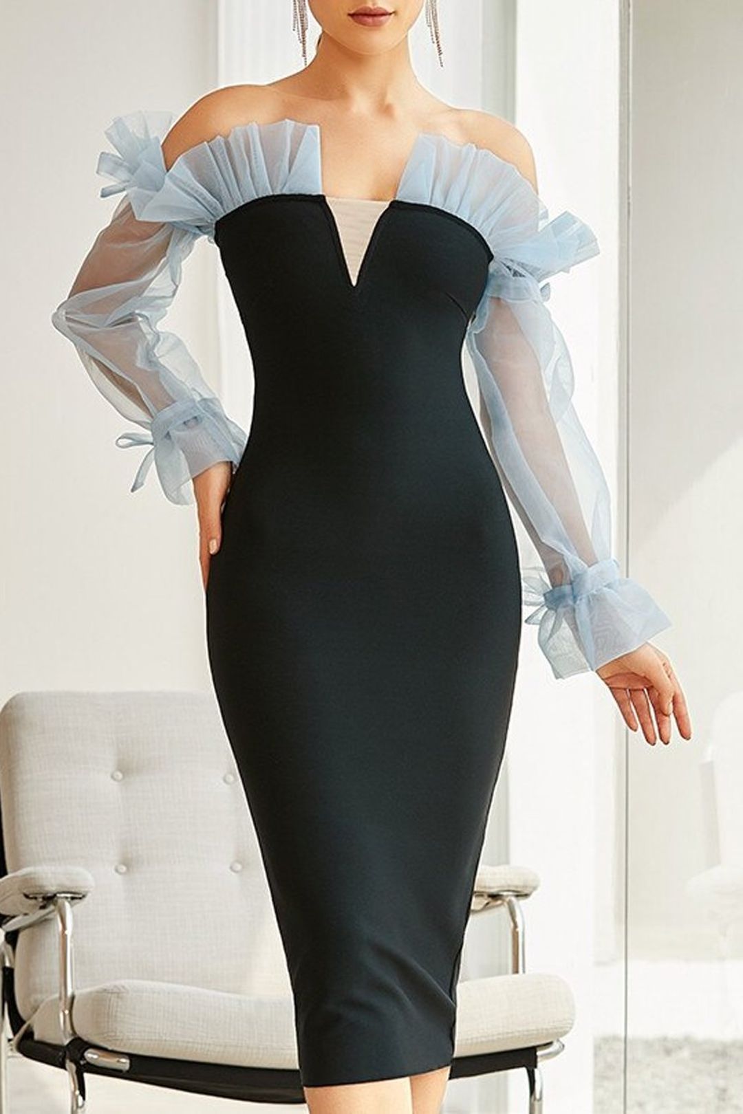 Damen Elegantes Off-Shoulder Kleid mit transparenter Rüsche und figurbetontem Schnitt Drune