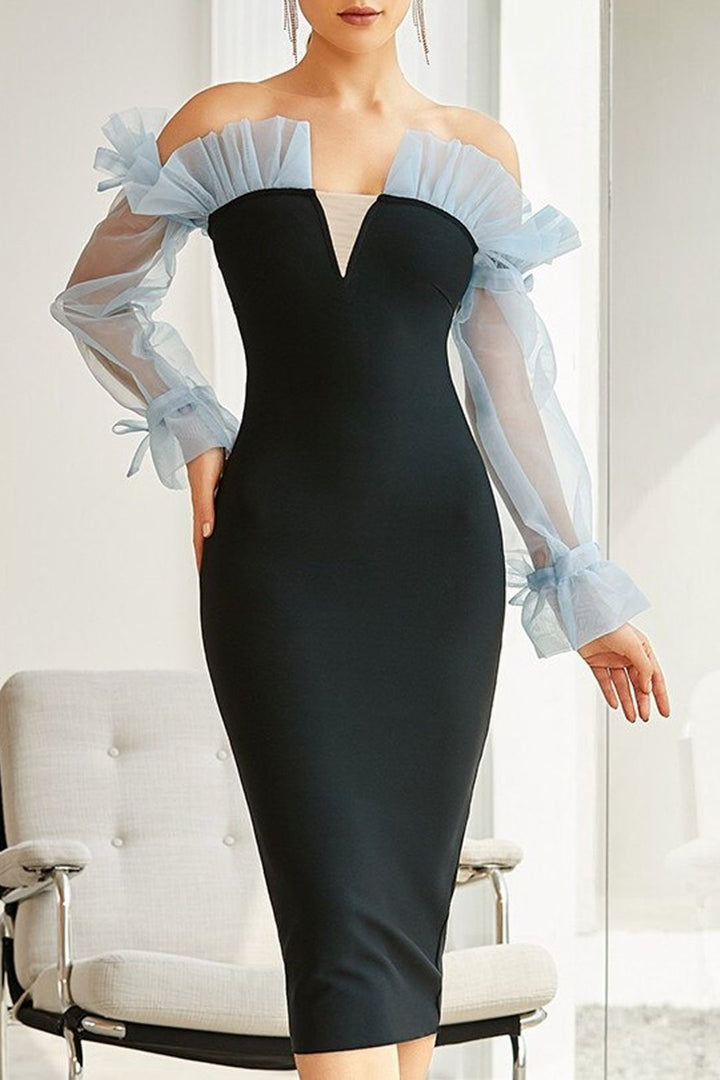 Damen Elegantes Off-Shoulder Kleid mit transparenter Rüsche und figurbetontem Schnitt Drune