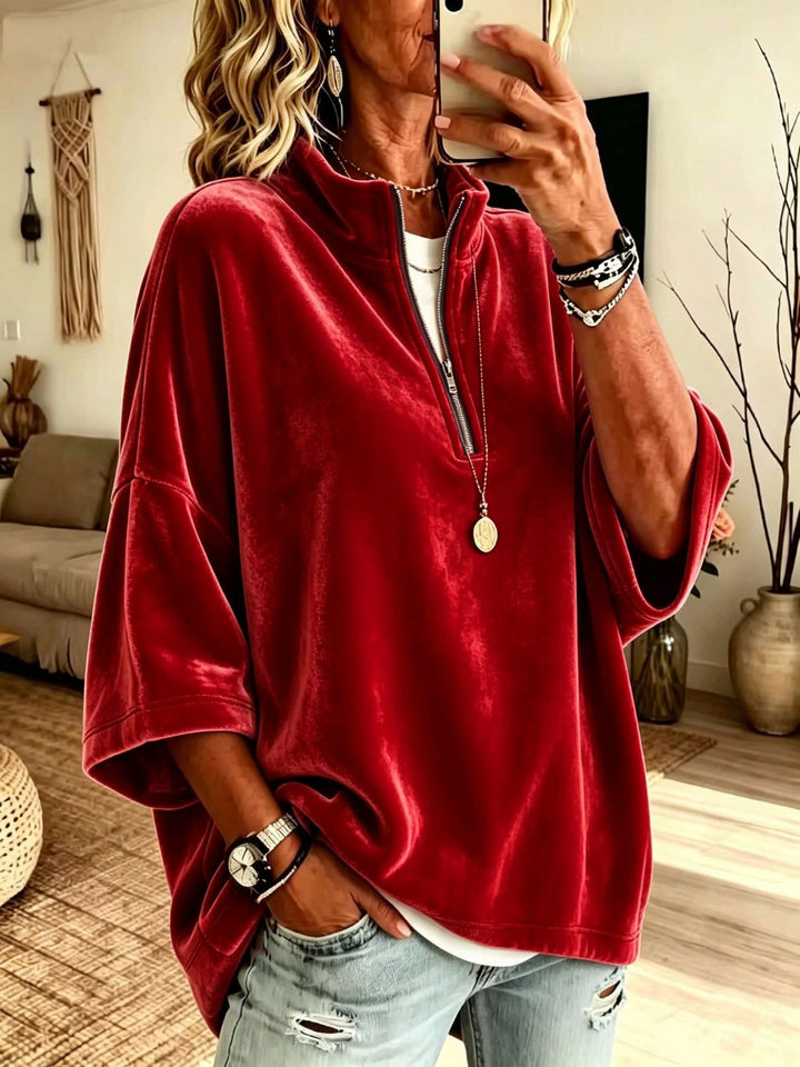 Damen Oversize Samt-Pullover mit kurzem Reißverschluss und Stehkragen Drune