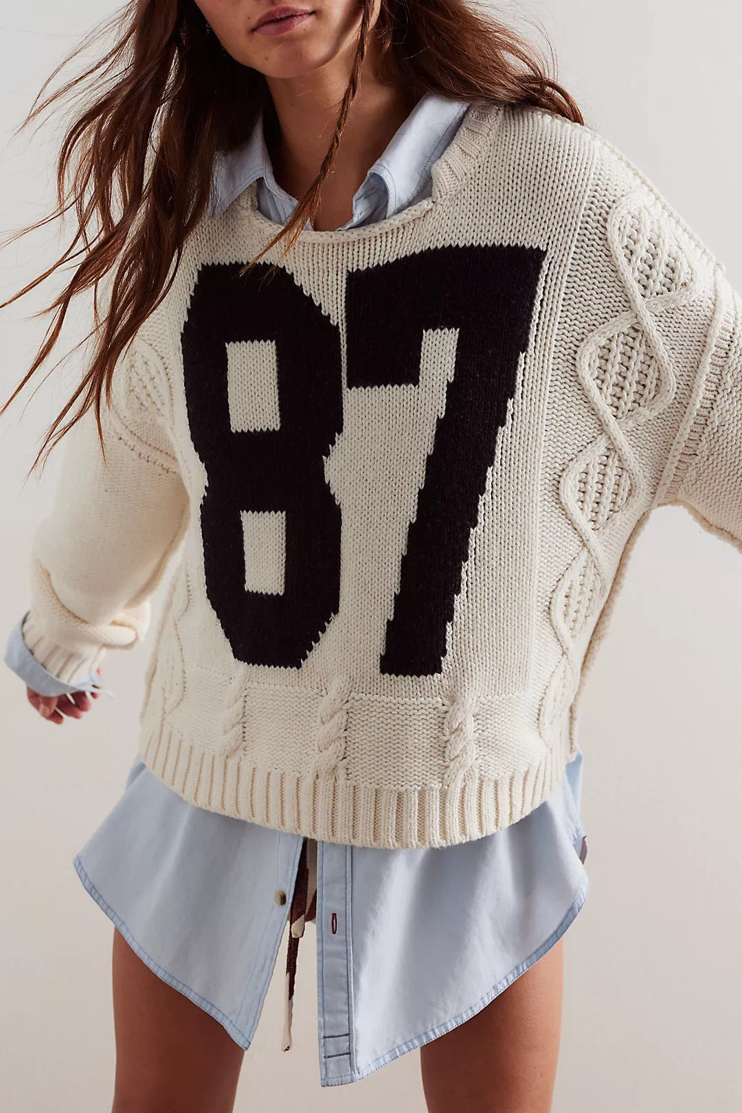 Damen Freizeit Strickpullover mit sportlicher Nummernstickerei Drune