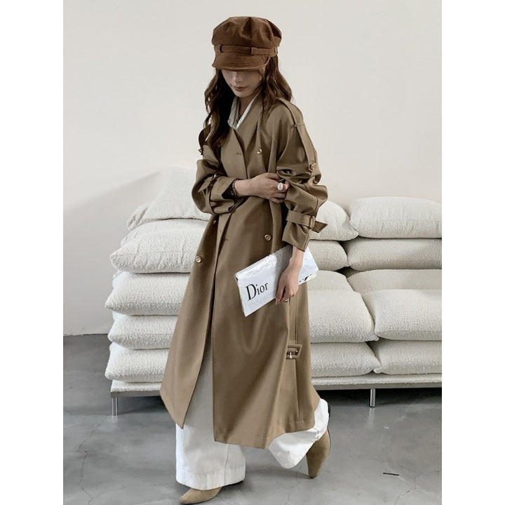 Damen Lang geschnittener Trenchcoat mit doppelreihiger Knopfleiste und verstellbaren Ärmelriegeln Drune