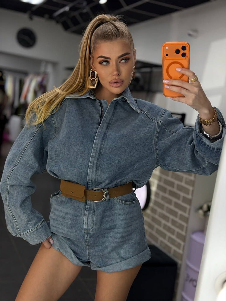 Damen Denim-Shorts-Overall mit kastigem Hemdoberteil und Taillengürtel Drune