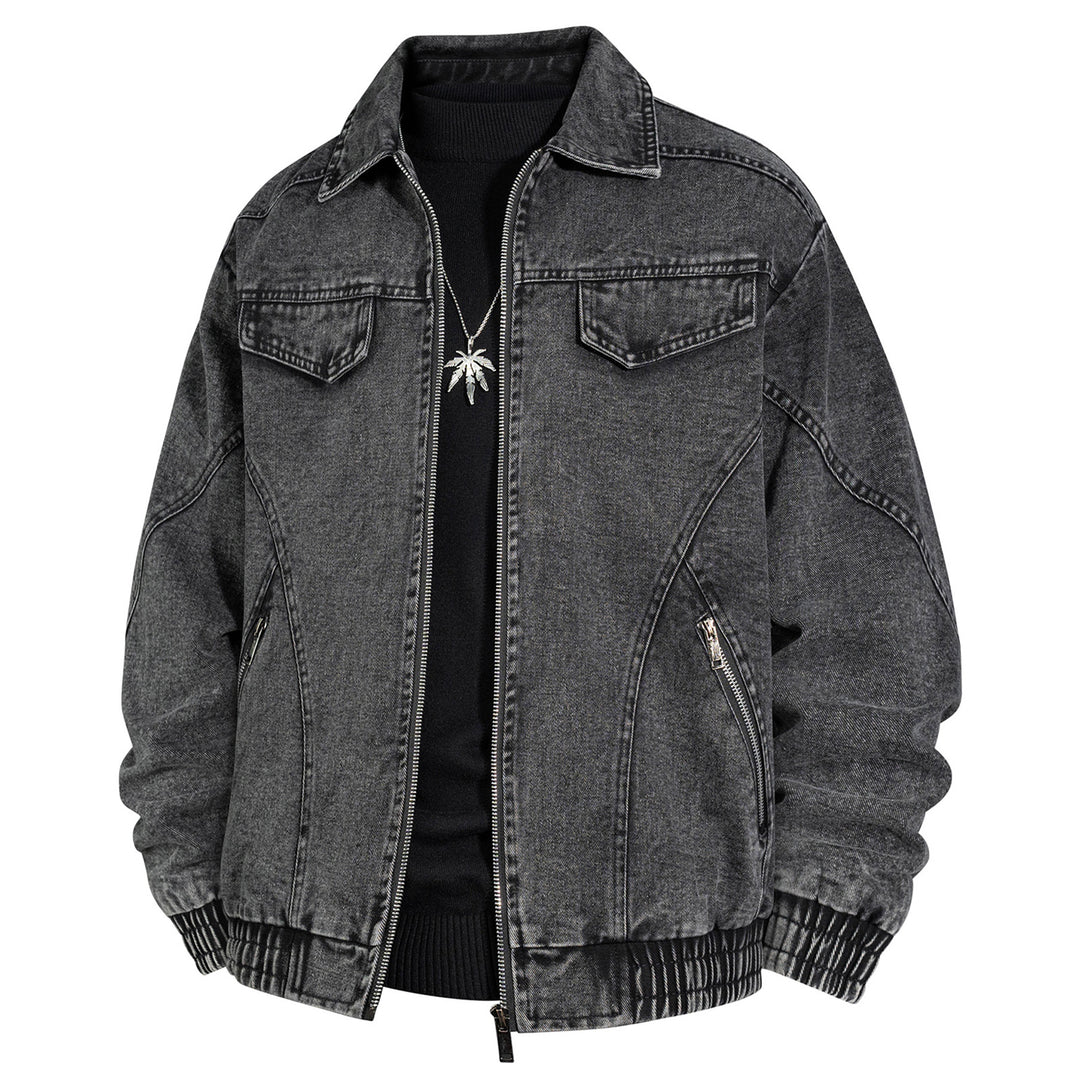Herren Übergroße Jeans-Bomberjacke mit Stone-Wash, Reißverschluss und geripptem Saum Drune
