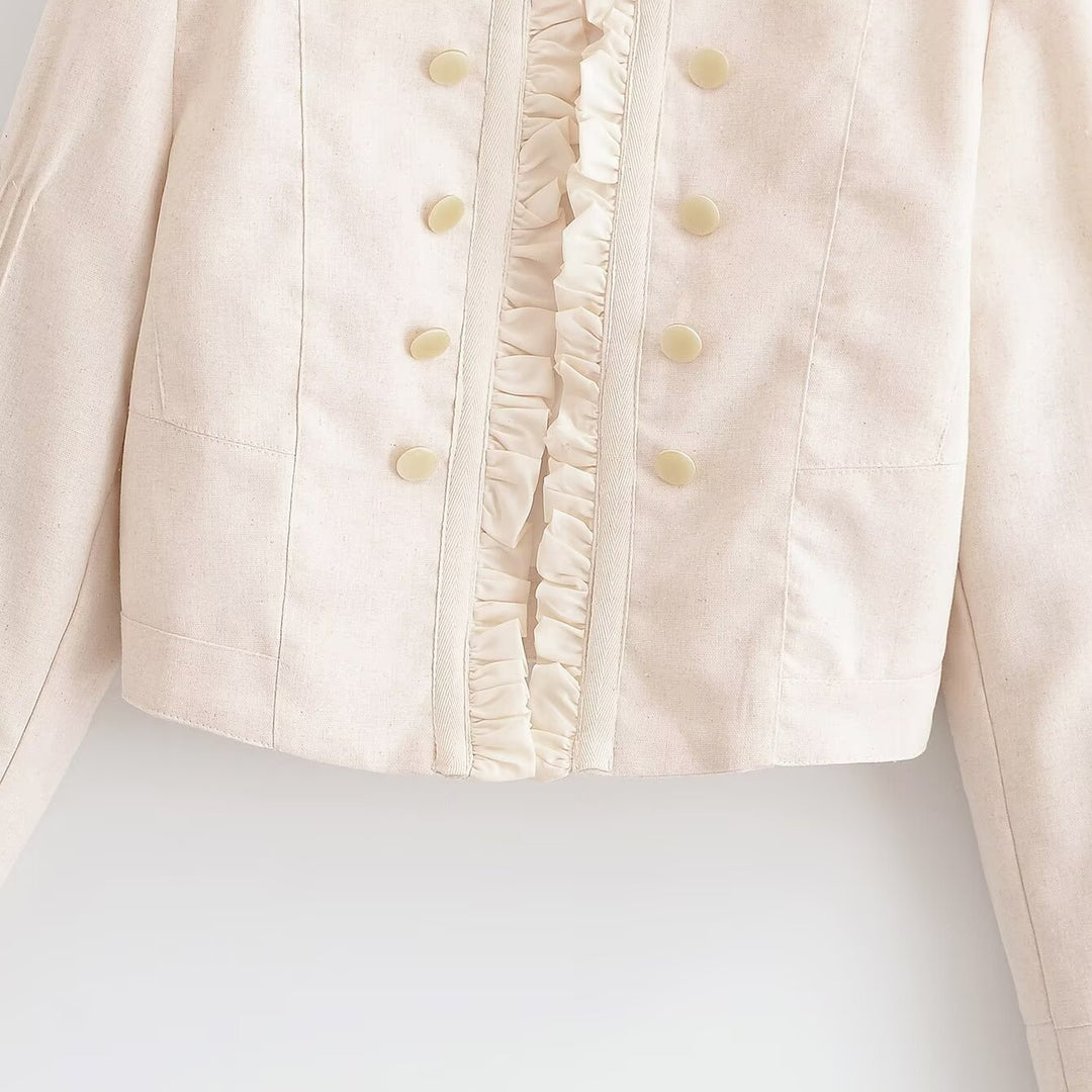 Damen Cropped Jacke mit Rüschenfront, Stehkragen und Zierknopfleiste Drune