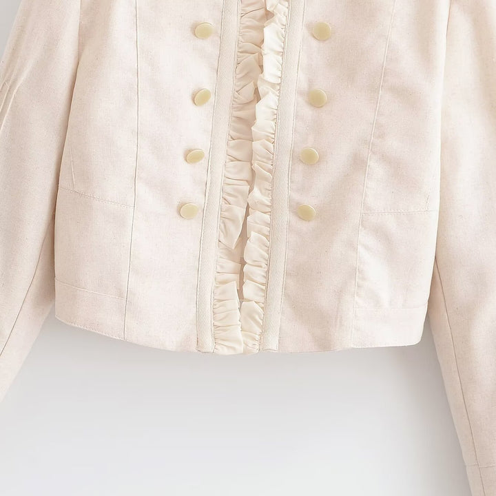 Damen Cropped Jacke mit Rüschenfront, Stehkragen und Zierknopfleiste Drune