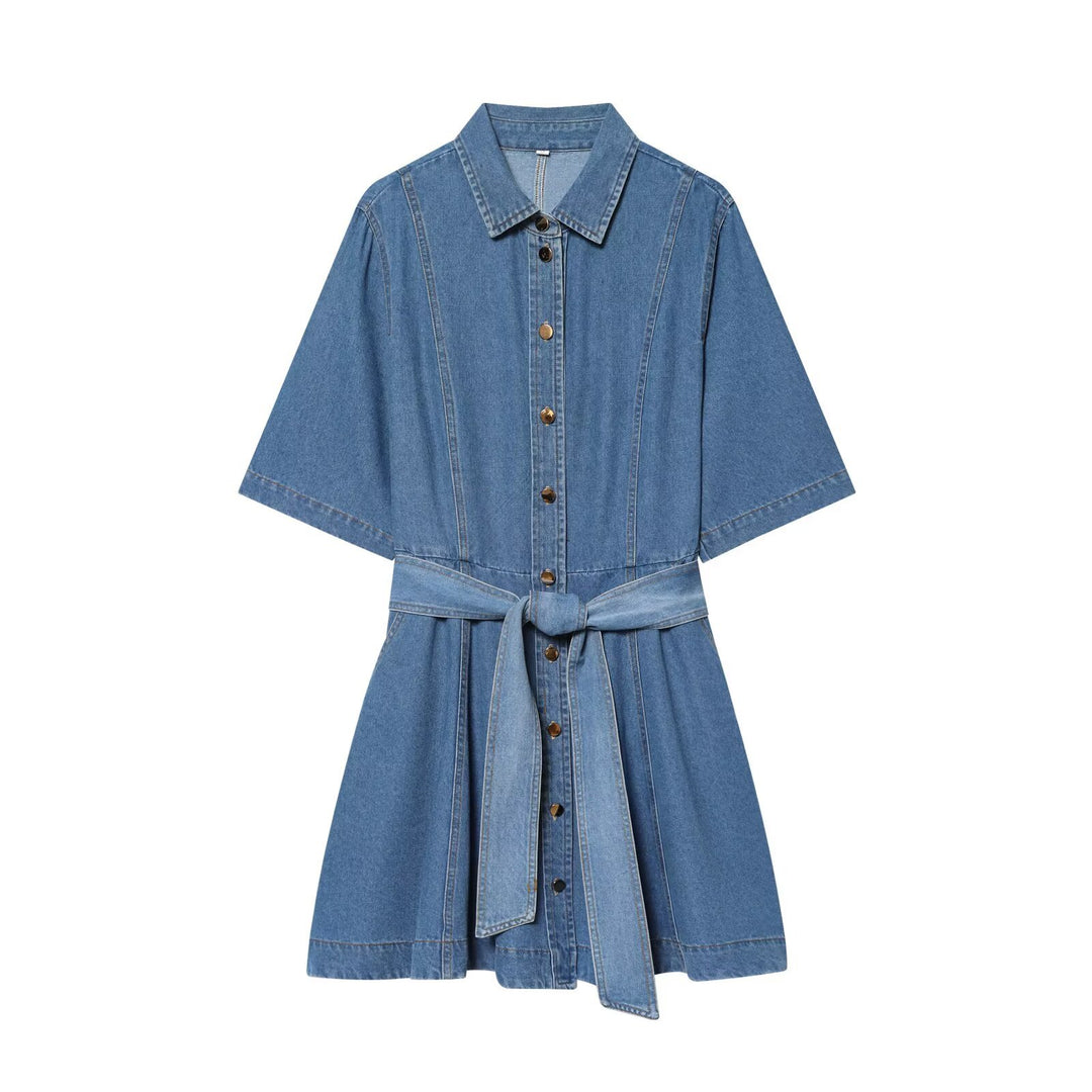 Damen Denim-Hemdblusenkleid mit Taillengürtel und ausgestellter A-Linie Drune