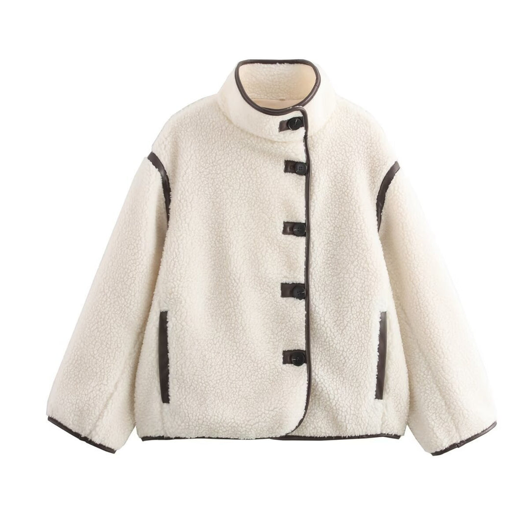 Damen 100+ Teddyjacke im Oversize‑Look mit Stehkragen und Kontrastpaspeln Drune