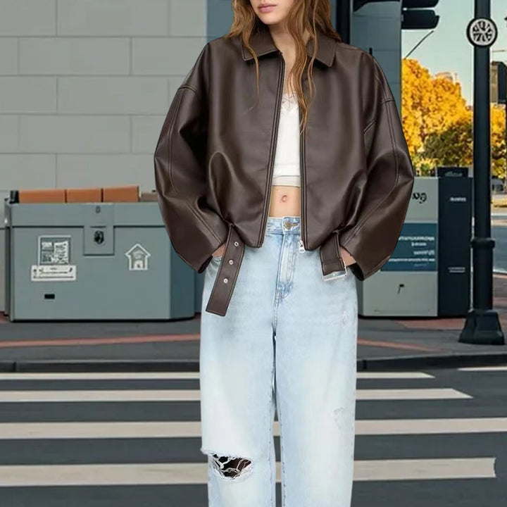 Damen Oversized Kunstlederjacke mit flauen Schultern und praktischen Druckknöpfen Drune