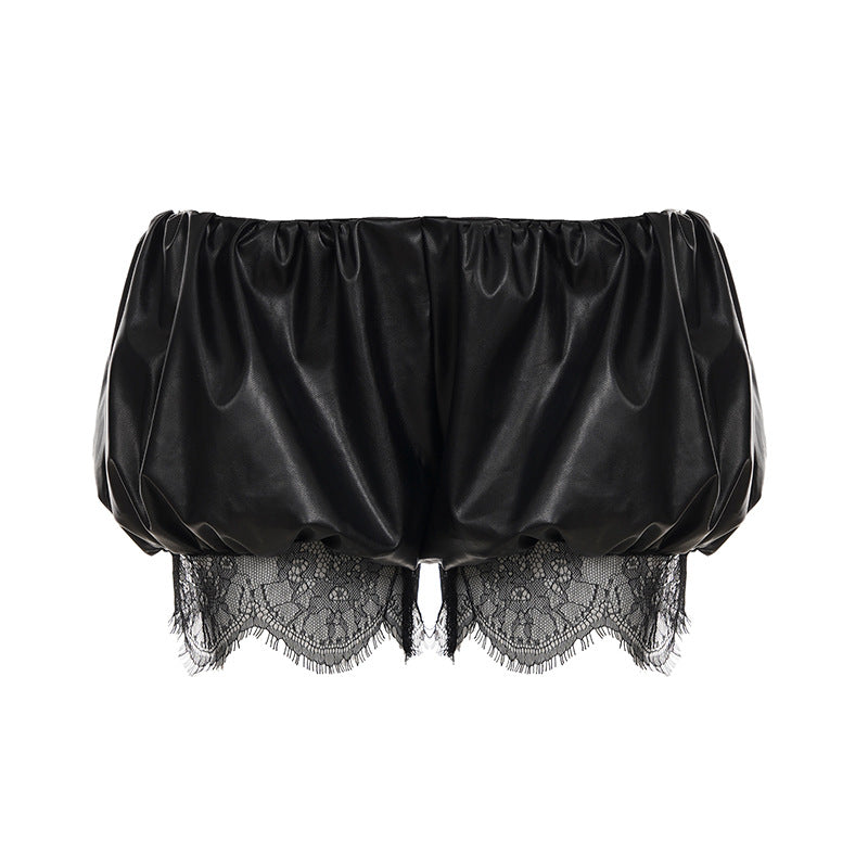 Damen Kunstleder-Shorts mit dekorativen Knopfdetails Drune