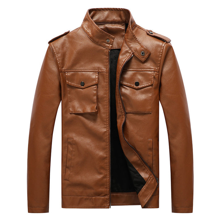Herren Kunstlederjacke im Fieldstil mit Stehkragen, Schulterpatten und Brustklappentaschen Drune