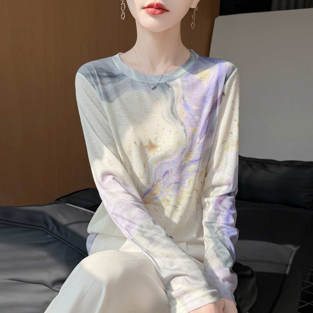 Damen Leichtes Langarmshirt aus Viskose-Mix mit Aquarellprint und Rundhalsausschnitt Drune