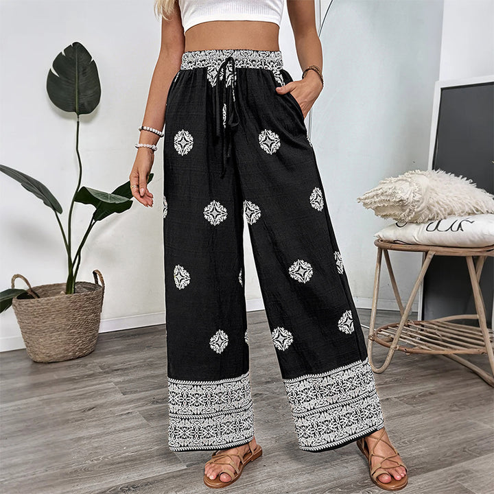 Damen Boho-Print Palazzohose mit weitem Bein, elastischem Tunnelzugbund und seitlichen Taschen Drune
