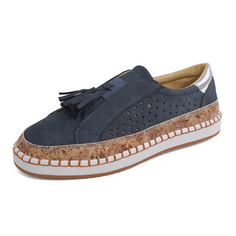 Damen nan perforierter Slip-On Sneaker mit Quasten, Kork-Plateau und dekorativer Handnaht Drune