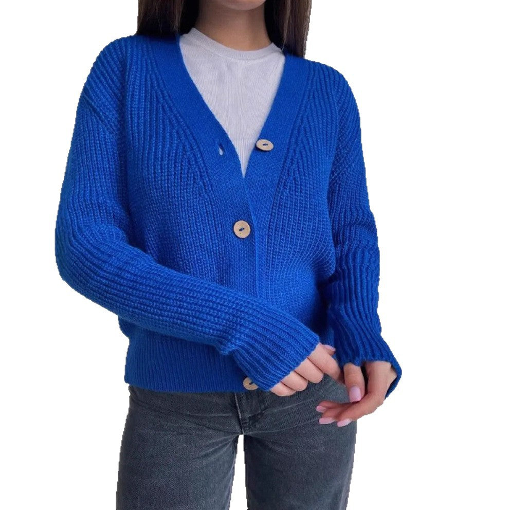 Damen Boxy-Grobstrick-Cardigan mit tiefer V-Leiste, Holzknopfverschluss und geripptem Saum Drune