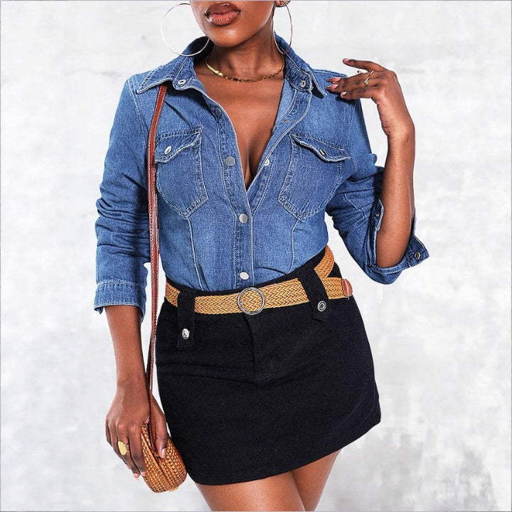 Damen tailliertes Denim‑Hemd mit Pattentaschen und Druckknopf‑Front Drune