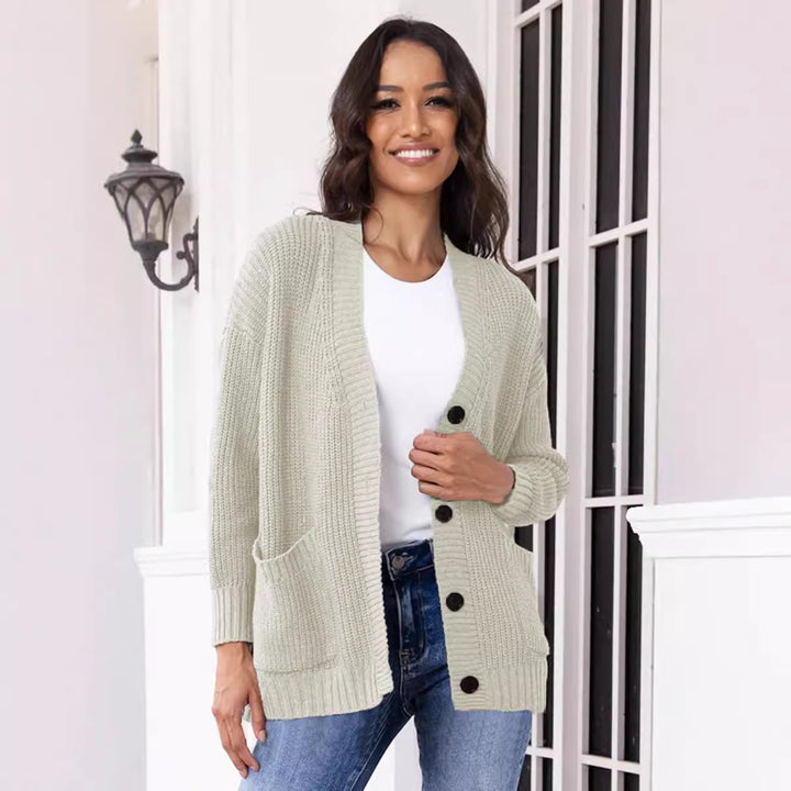 Damen modische Strickjacke mit durchgehendem Knopfverschluss und großen Taschen Drune