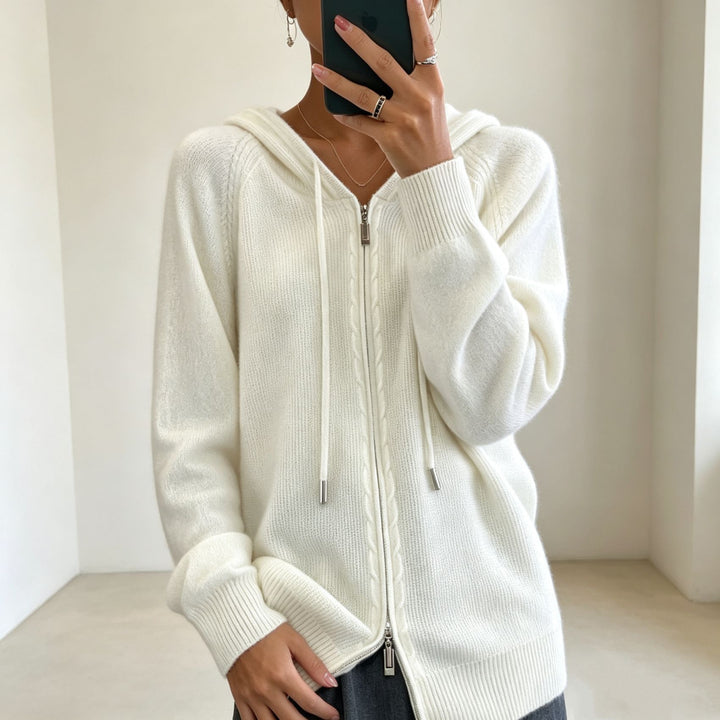 Damen Kapuzen-Cardigan mit Reißverschluss, feinem Feinstrick und gerippten Bündchen Drune