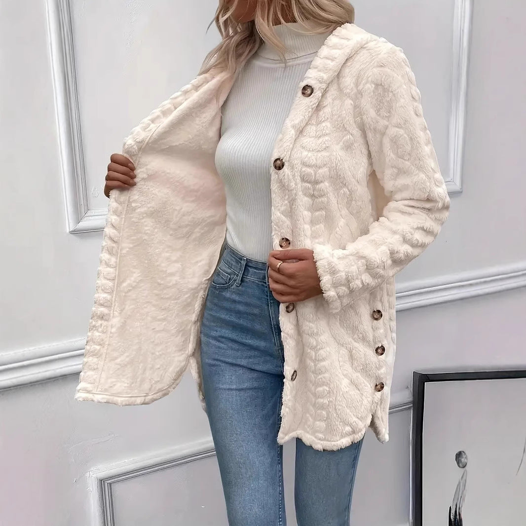 Damen Plüschjacke mit Kapuze und Knopfverschluss Drune