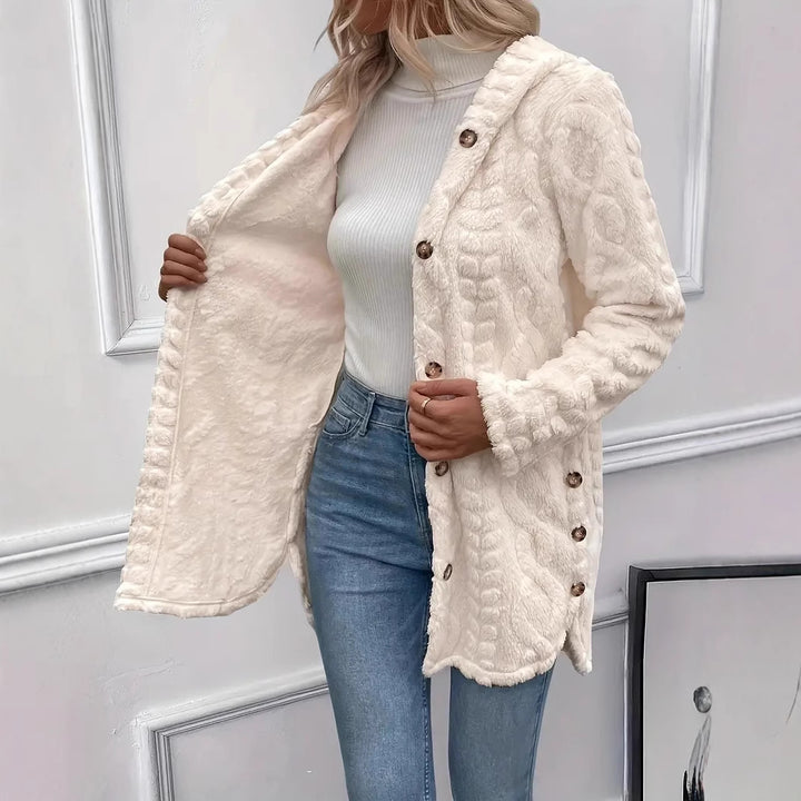 Damen Plüschjacke mit Kapuze und Knopfverschluss Drune