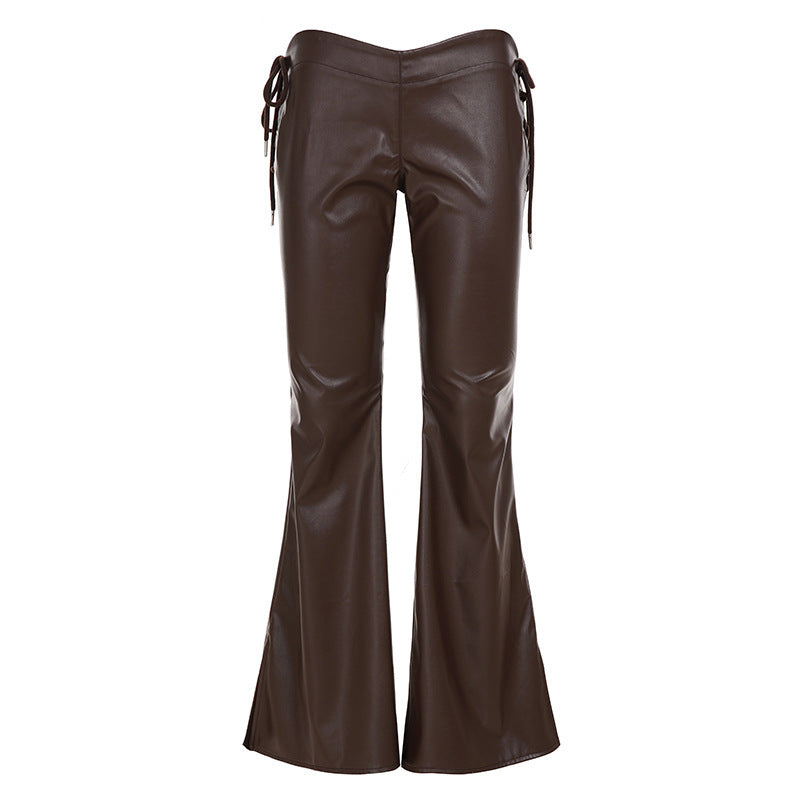 Damen High‑Waist Schlaghose aus Kunstleder mit seitlichen Zierkordeln Drune