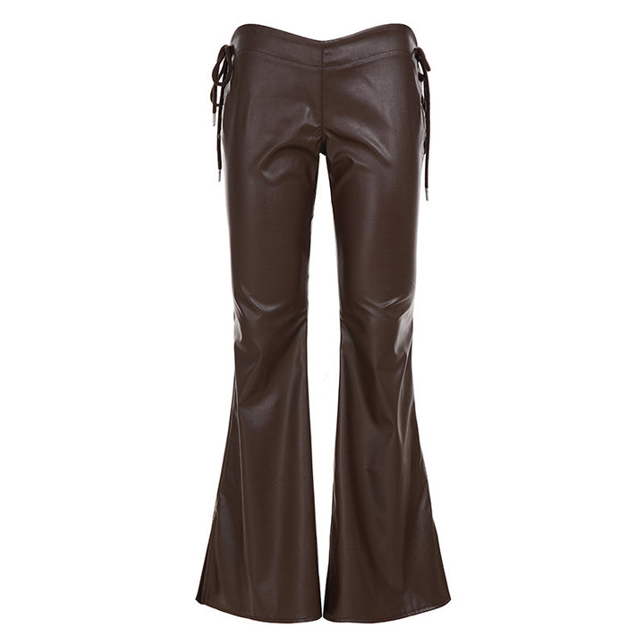 Damen High‑Waist Schlaghose aus Kunstleder mit seitlichen Zierkordeln Drune