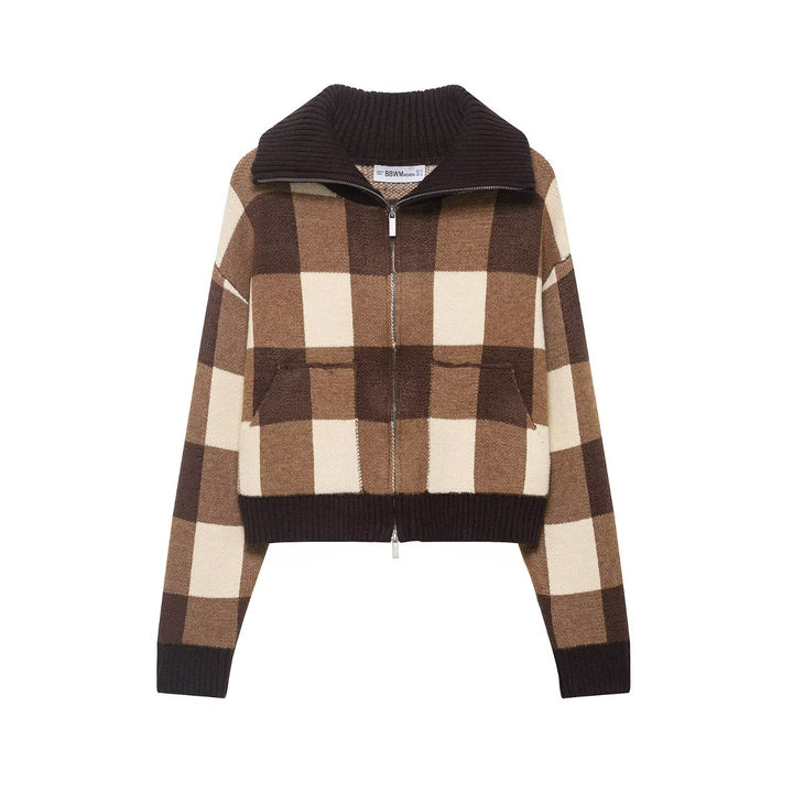 Damen Kariertes Strick-Cropped-Cardigan mit Reißverschluss und breitem Rippenkragen Drune