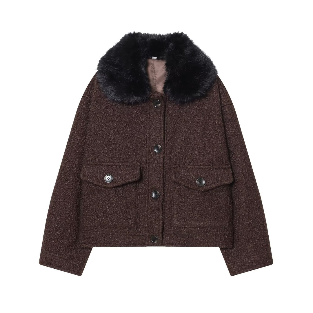 Damen Cropped Bouclé-Jacke mit weichem Kunstfellkragen und Pattentaschen Drune