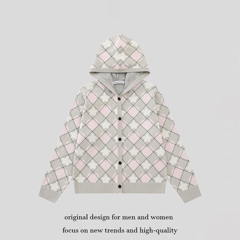 Damen Strick-Kapuzenjacke mit Rautenjacquard und Knopfleiste Drune