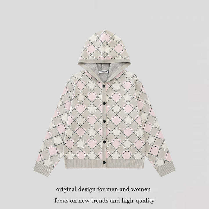 Damen Strick-Kapuzenjacke mit Rautenjacquard und Knopfleiste Drune